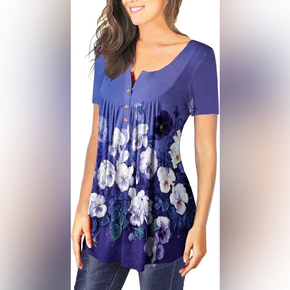 Blue and White Floral Short Sleeve Blouse